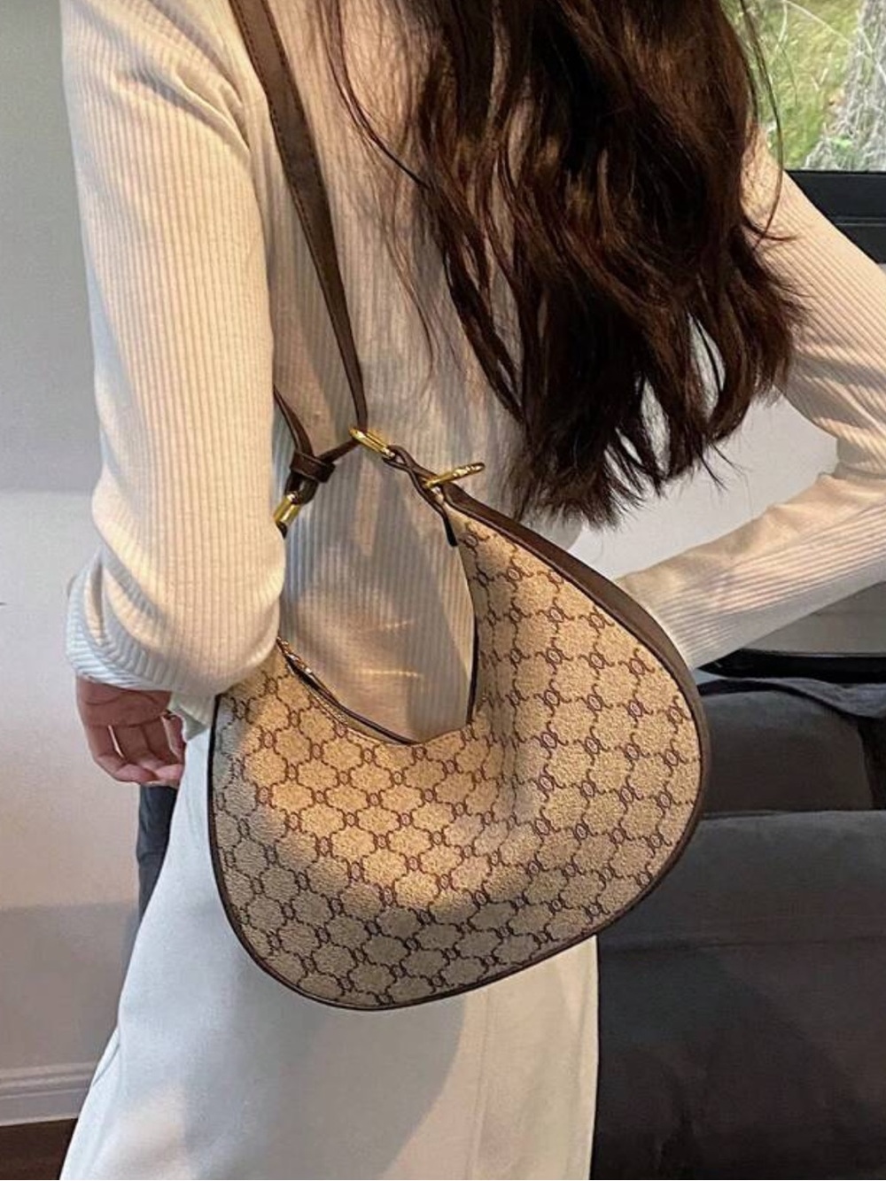 Signature Pattern Crescent Shoulder Bag in Beige Brown
